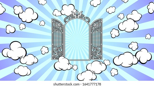 Gateway to Paradise. Shining in the sky. Cartoon style. Vector illustration.