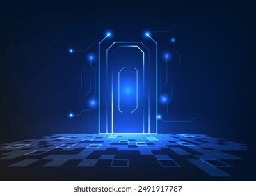 Gateway to the world of technology Doors made from technological circuits Represents the connection of digital data via the cyber internet. the entry and exit of information all the time