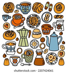 Gather around because it's fika time. All the yummy Scandinavian confectionery you can taste is here and a lot of coffee of course. Swedish vector clip art illustration collection