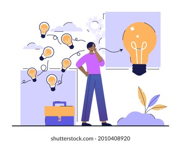 Gather ideas concept. Businessman with a portfolio collects several small ideas into one big one. Problem and the search for solutions. Cartoon flat vector illustration isolated on a white background