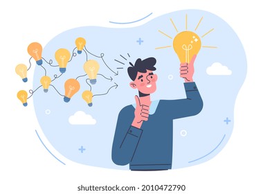 Gather ideas concept. Man came up with several ideas and chose the best one. Metaphor for brainstorming and creative thinking. Cartoon modern flat vector illustration isolated on a white background