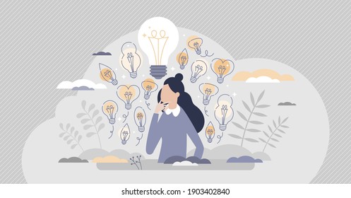 Gather ideas female as creativity and brainstorm results tiny person concept. Innovative and creative woman with many smart solutions to choose from vector illustration. Thoughts light bulb collection
