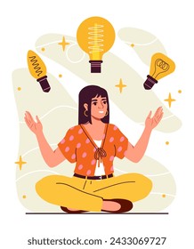 Gather ideas woman concept. Young girl sitting in lotus position with light bulbs. Creativity and art. Businesswoman with start ups or business projects in head. Cartoon flat vector illustration