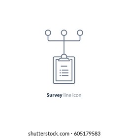 Gather information, resources and referece tree, collect data, questionnaire clip board line icon, quiz concept logo, summary note pad, opinion poll vector