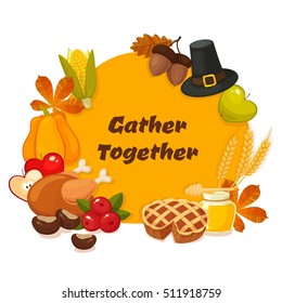 Gather together. Thanksgiving Day vector banner with traditional table plenty of food, roasted turkey, cornucopia with pumpkins, fruits and vegetables. Decoration for thanksgiving greeting cards