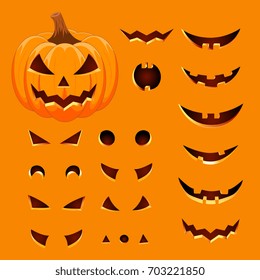 Gather your pumpkin yourself. Designer of the symbol of an orange pumpkin with various eyes, nose and smile. The main symbol of the international holiday is happy Halloween. Vector illustration.