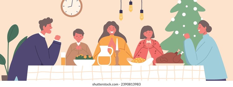 Gathered Around The Festive Table, A Family Bows Heads In Christmas Prayer, Expressing Gratitude And Love