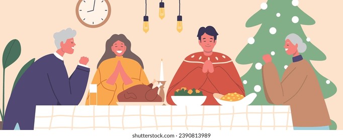 Gathered Around Festive Table, Family Bows In Christmas Prayer, Hands Joined, Hearts Grateful. Glow Of Love And Holiday