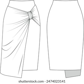 gathered asymmetrical women's skirt vector illustration, front and back view, women's fashion