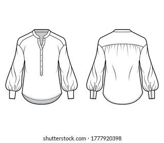 Gathered blouse technical fashion illustration with curved mandarin collar, henley neck, long bishop sleeves with cuff. Flat apparel shirt template front back, white color. Women, men, unisex top CAD