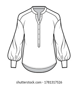 Gathered blouse technical fashion illustration with curved mandarin collar, henley neck, long bishop sleeves with cuff. Flat apparel shirt template front white color. Women, men, unisex top CAD mockup