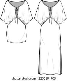 Gathered Empire Line Poncho Dress Fashion Illustration, Vector, CAD, Technical Drawing, Flat Drawing, Template, Mockup