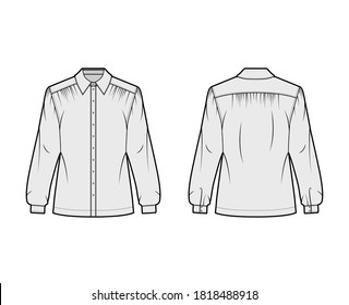 Gathered shirt technical fashion illustration with long sleeves with cuff, classic collar, oversized, front button fastenings. Flat apparel blouse template front back, grey color. Women men unisex top