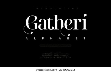 Gatheri premium luxury elegant alphabet letters and numbers. Elegant wedding typography classic serif font decorative vintage retro. Creative vector illustration