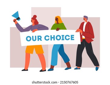 Gathering of activists on rally, isolated people with placards and megaphones shouting and protesting. Male and female on strike or picket, demonstration and manifestation. Vector in flat style