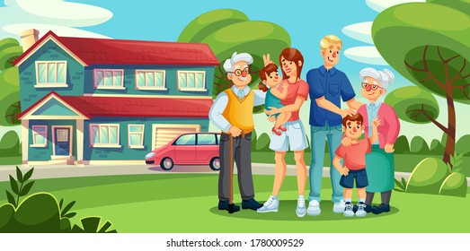 Gathering big family standing in suburb house yard. Three generation people. Grandparent, parent, children standing hugging together. Happy relatives portrait for good summer vibes memory