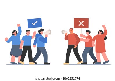 Gathering of Blue and red clothing peoples to debate positive and negative arguments, holding right, wrong signs. Cartoon Illustration about crowd meet for speak and Opinion.