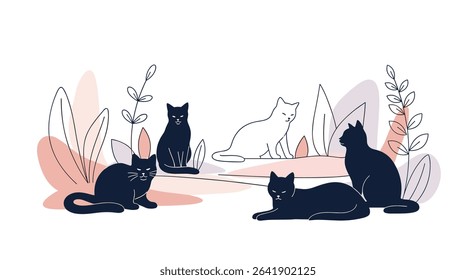 A Gathering Of Cats Enjoying the Sun Outdoors Together