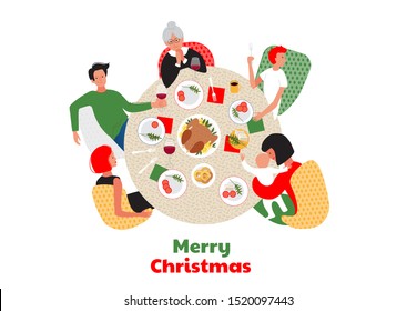 Gathering. Christmas or New Year dinner. Family around the the table. Christmas dish dinner design for cards, prints, invitations. Vector illustration.
