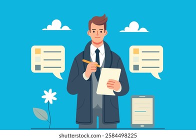 Gathering client requirements. Businessman documenting customer needs and expectations, ensuring project success. Requirements gathering, stakeholder management, and project planning concept.
