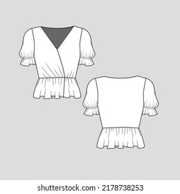 Gathering criss cross Peplum top V neck Waist Gathering Ruffle hem Short frill Sleeve  fashion t shirt top blouse flat sketch technical drawing template design vector