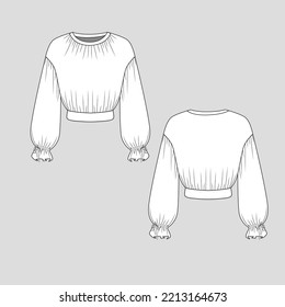Gathering Crop Top Crew Neck Long Sleeve knotted gathering hem Drop shoulder cad Fashion flat sketch drawing design template