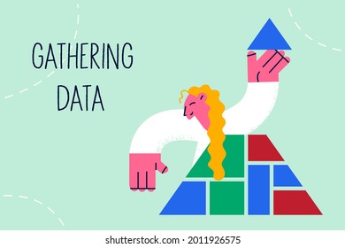 Gathering data in business concept. Young smiling business woman cartoon character holding blue top part of pyramid in hands feeling confident vector illustration