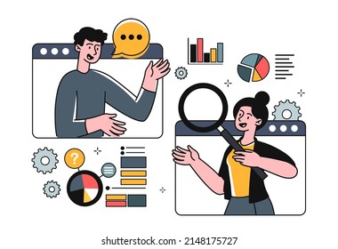 Recopilando el concepto de datos. Hombre y mujer charlando en Internet, colegas y empleados. Archivar y trabajar con información, departamento analítico y biblioteca electrónica. Dibujo vectorial plano de dibujos animados