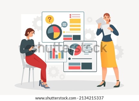 Gathering data concept. Statistics and diagrams. Young girls with reports, work with statistics and information. Characters in office, employees and colleagues. Cartoon flat vector illustration