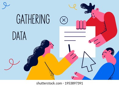 Gathering data, marketing, business concept. Team business partners workers cartoon characters holding document with marketing data together discussing things with lettering vector illustration 