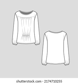 Gathering fashion top Boat neck elastic gathering detail long Sleeve gathering cuff detail fashion t shirt top blouse flat sketch technical drawing template design vector