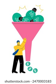 Gathering and filtering business idea to make money.  Business man using funnel makes money with light bulbs. Flat vector illustration isolated on white background
