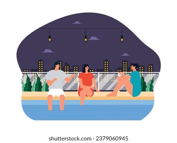 Gathering with friends by the swimming pool, chatting casually while drinking, nightlife vector illustration.