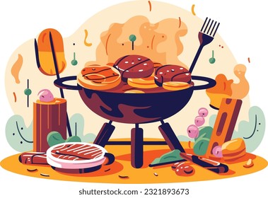 Gathering of Friends Enjoying Food and Drink with Laughter and Joy, friendship day, barbecue scene illustration