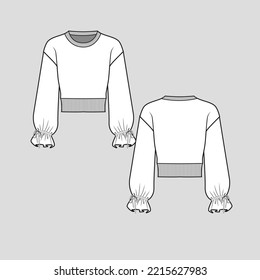 Gathering Frill knotted hem Sleeve Crop Sweatshirt top crew Neck Drop Shoulder Fashion cad Flat Sketch Drawing Template