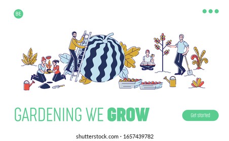 Gathering Harvest Concept. Website Landing Page. Group Of People Work Together, Planting Flowers And Trees, Gathering Fruits in The Garden. Cartoon Linear Outline Flat Vector Illustration