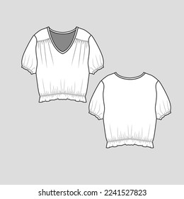 Gathering Hem Crop Top V Neck Gathering shirred hem sleeve detail Fashion flat sketch technical drawing template design vector