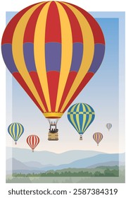 gathering of hot air balloons floating above scenic landscape with a clear blue sky at dawn