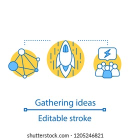 Gathering ideas concept icon. Startup launch idea thin line illustration. Networking. Content sharing. Vector isolated outline drawing. Editable stroke