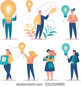 Gathering of imaginative individuals illuminated by light bulbs. Business groups utilizing lightbulbs as symbols of solutions and expertise.