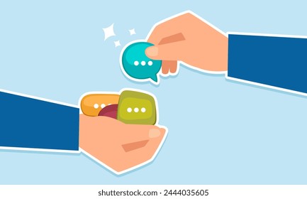 Gathering input: staff and client surveys, brainstorming, enhancing communication, concept of Businessman offering feedback in speech bubble to manager hand