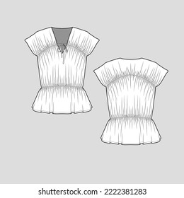 Gathering  Knot neck top V Neck gathering shirred Ruched Fashion flat sketch technical drawing template design vector