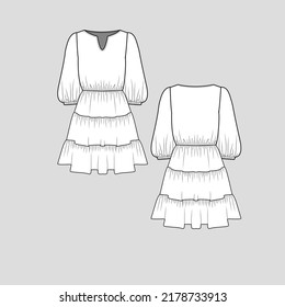 Sammeln von Laternenschlauch geTiered Ruffles Dress Notch Nackch Nackenrostig Zusammentragend Elbow Sleeve sammeln Rüffelhem Kleidermode auf der Oberbluse flache Sketch technische Zeichnung Vorlage Design Vektorgrafik