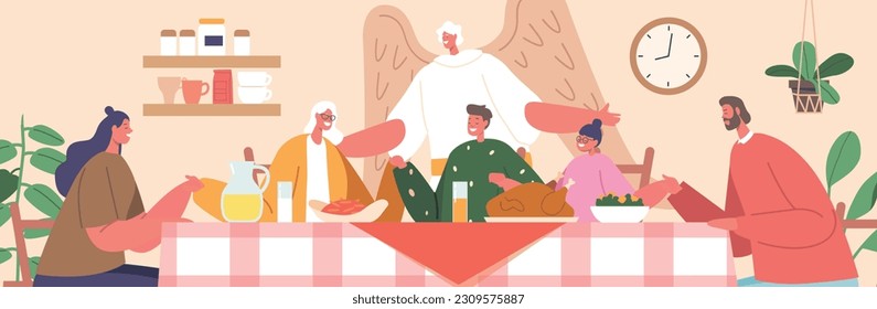 Gathering Of Loved Ones Around A Table Adorned With A Festive Feast, Joined By The Comforting Presence Of An Angel