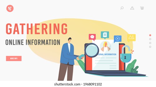 Gathering Online Information Landing Page Template. Doxing, Hacking, Exploit or Dissemination Result. Tiny Male Character with Magnifier Reading Data at Huge Laptop. Cartoon People Vector Illustration