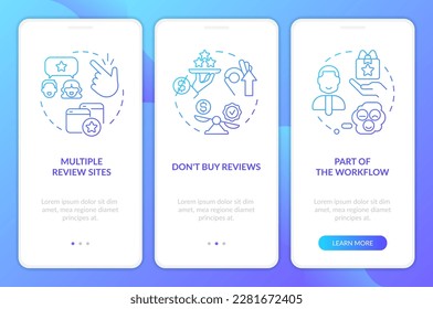Gathering online reviews blue gradient onboarding mobile app screen. Walkthrough 3 steps graphic instructions with linear concepts. UI, UX, GUI template. Myriad Pro-Bold, Regular fonts used