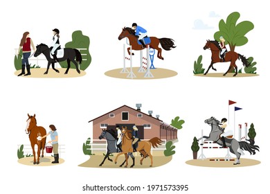 Gathering of people on horseback. A group of cute men, women and children practicing horse riding or equestrian sports, taking care of their pets. Flat cartoon colorful vector illustration.