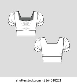 Gathering puff Sleeve crop top Square neck front Gathering detail Puff Sleeve with cuffs panel hem cropped fashion clothing flat sketch technical drawing template design vector