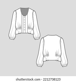 Gathering puff sleeve Crop top  Button panel Long sleeve shirred ruched  fashion design  flat sketch drawing template