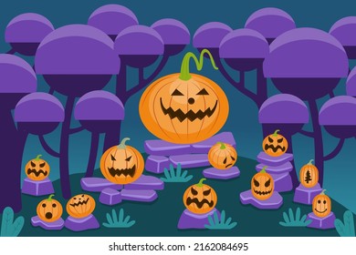 A gathering of pumpkin ghosts in a spooky cemetery. At night and in the palace, postcards of the Halloween season Suitable for invitations to celebrate holidays. Flat illustration.
